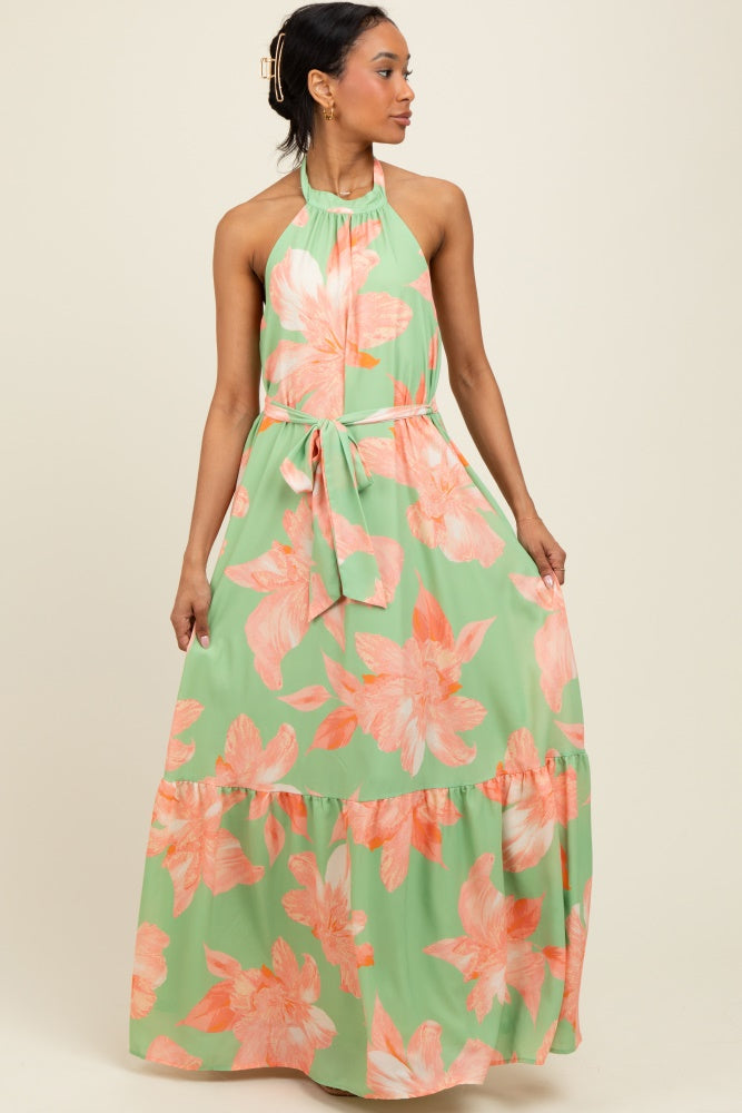 Mint Green Floral Halter Neck Open Back Maxi Dress