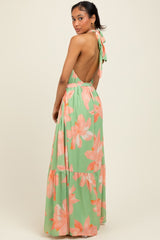 Mint Green Floral Halter Neck Open Back Maxi Dress