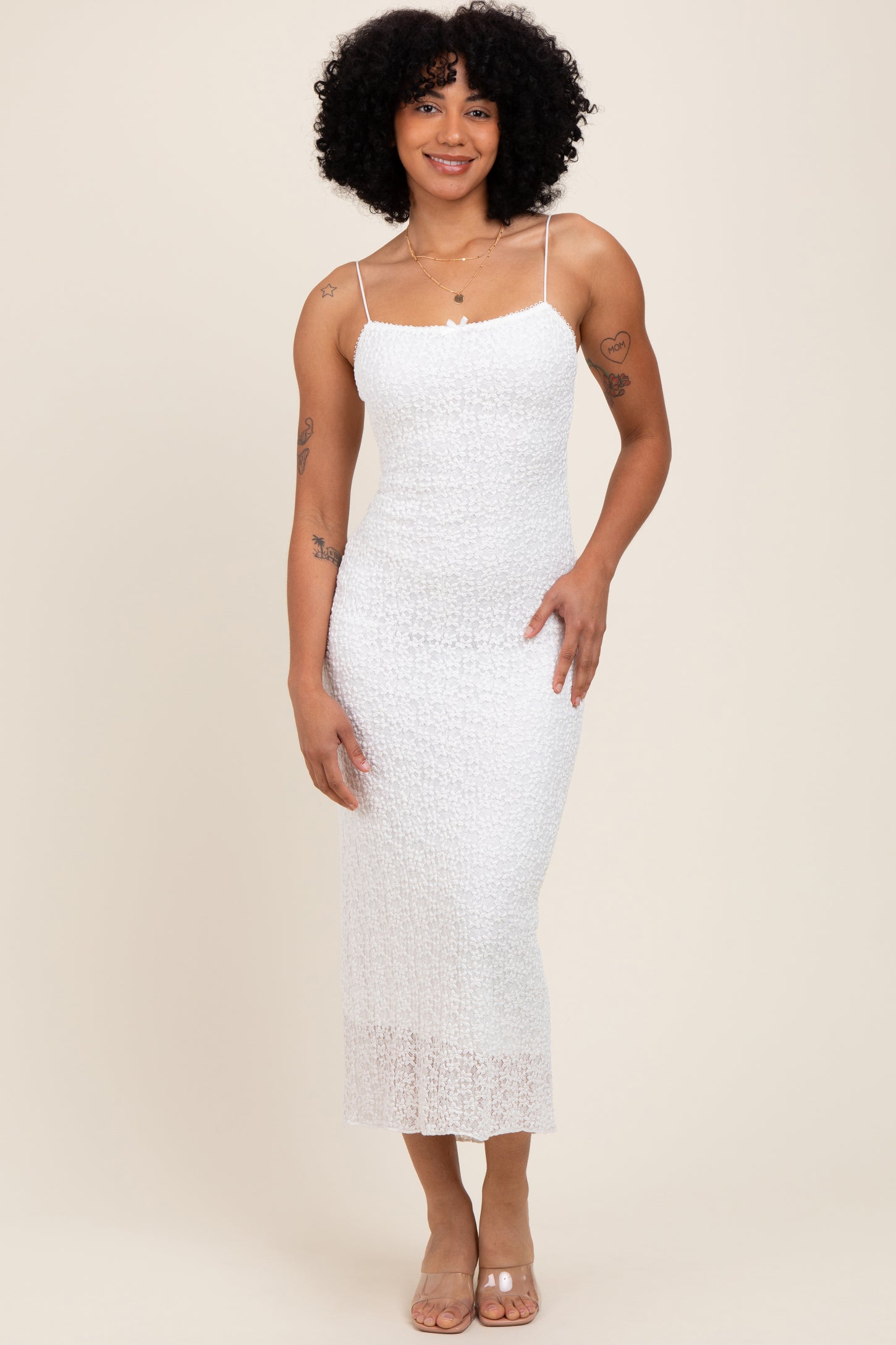 White Lace Fitted Sleeveless Midi Dress