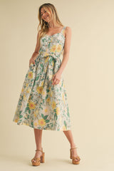 Green Floral Button Front Sash Tie Midi Dress