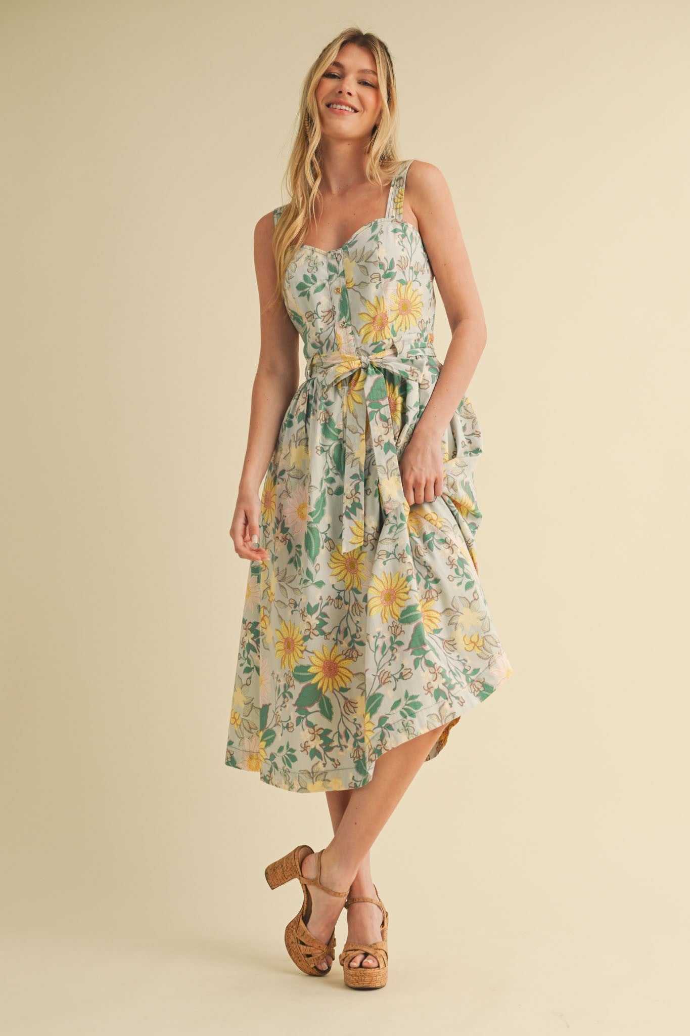 Green Floral Button Front Sash Tie Midi Dress