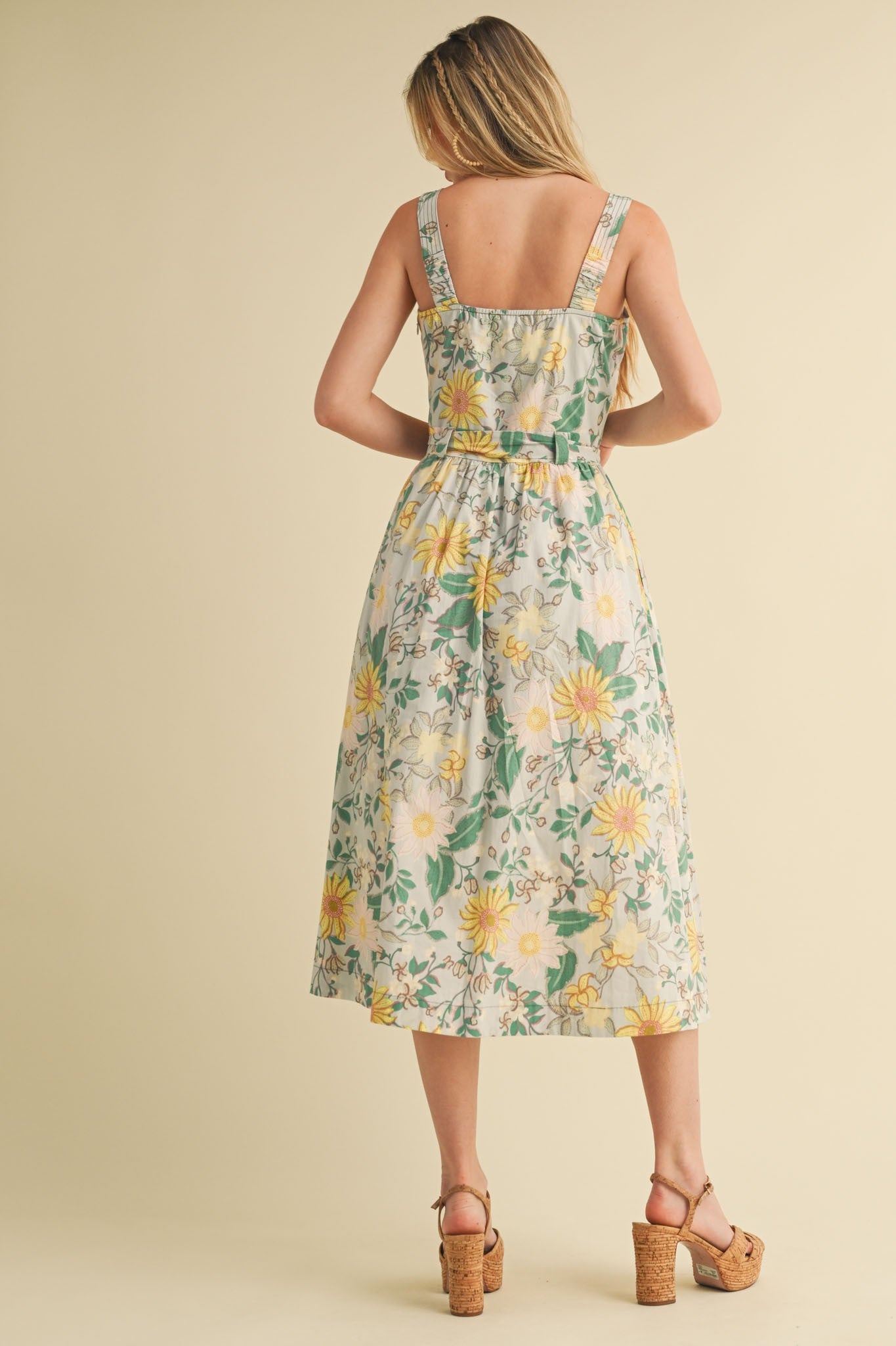 Green Floral Button Front Sash Tie Midi Dress