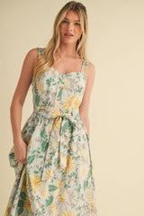 Green Floral Button Front Sash Tie Midi Dress