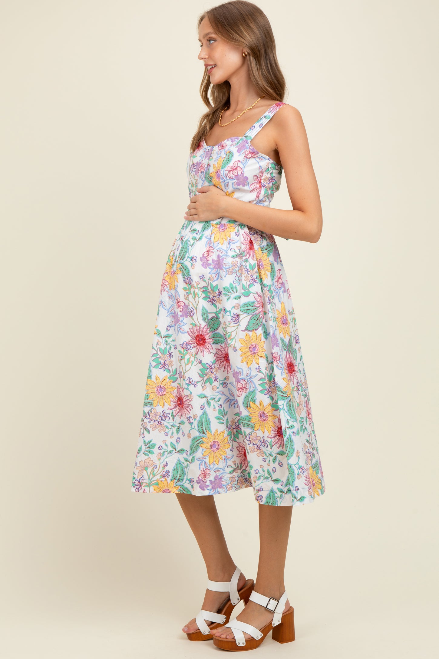 Ivory Floral Button Front Sash Tie Maternity Midi Dress