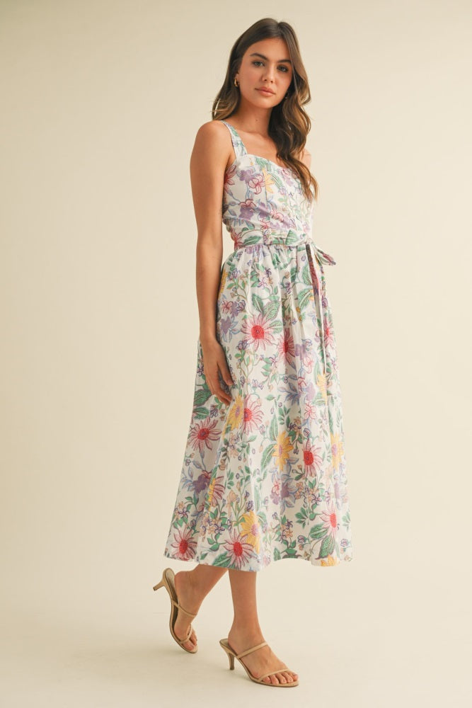 Ivory Floral Button Front Sash Tie Midi Dress