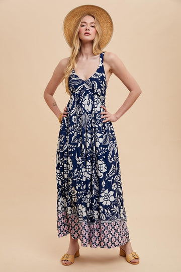 Navy Floral Crisscross Back Cutout Maxi Dress