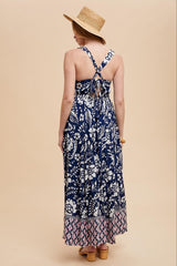 Navy Floral Crisscross Back Cutout Maxi Dress