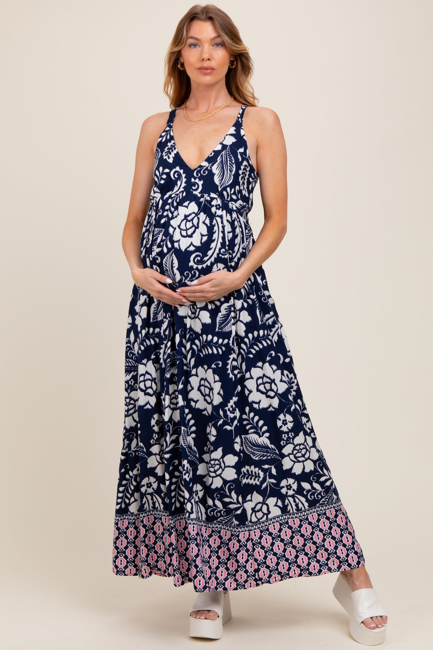 Navy Floral Crisscross Back Cutout Maternity Maxi Dress