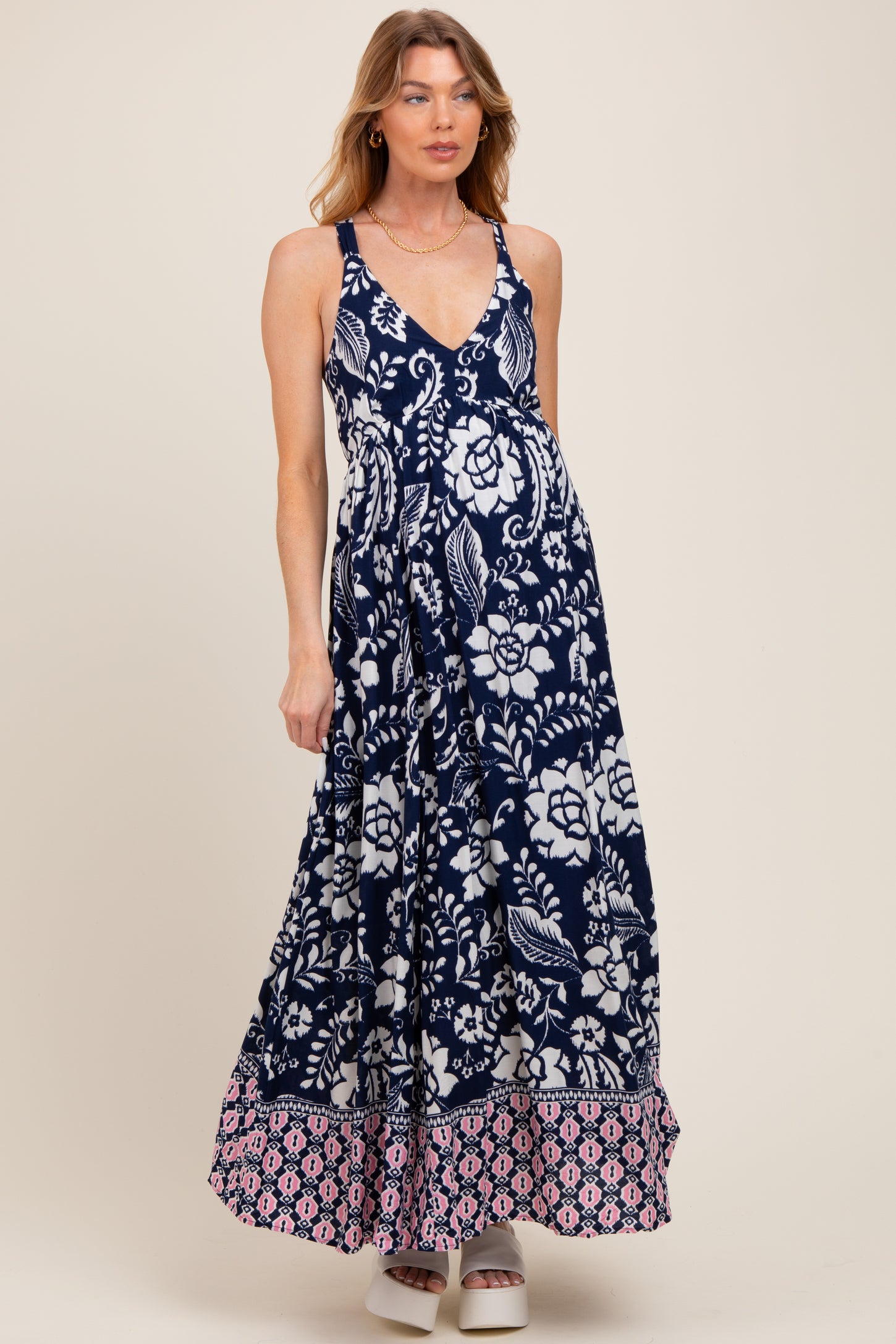 Navy Floral Crisscross Back Cutout Maternity Maxi Dress
