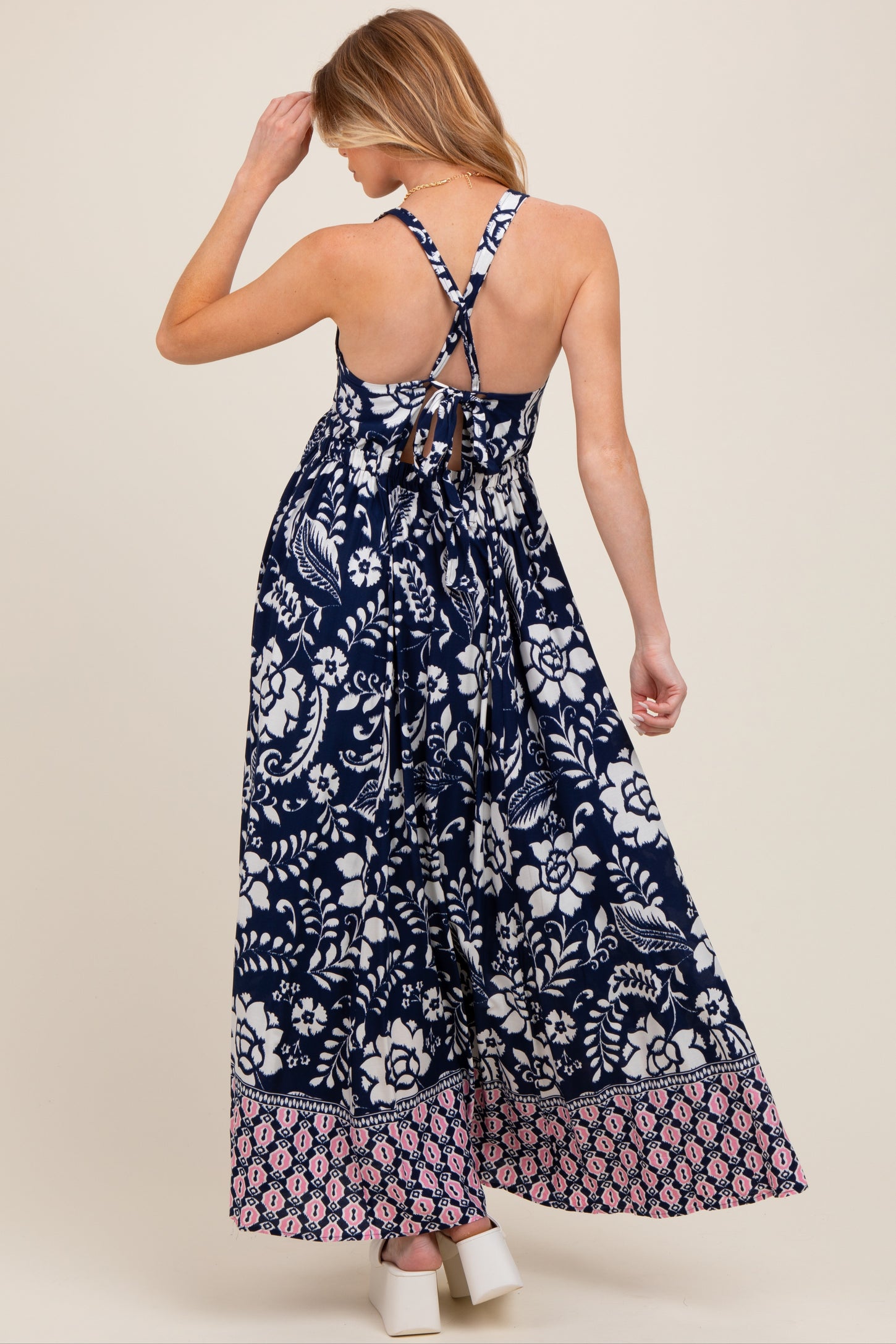 Navy Floral Crisscross Back Cutout Maternity Maxi Dress