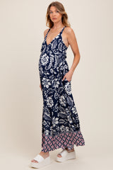 Navy Floral Crisscross Back Cutout Maternity Maxi Dress