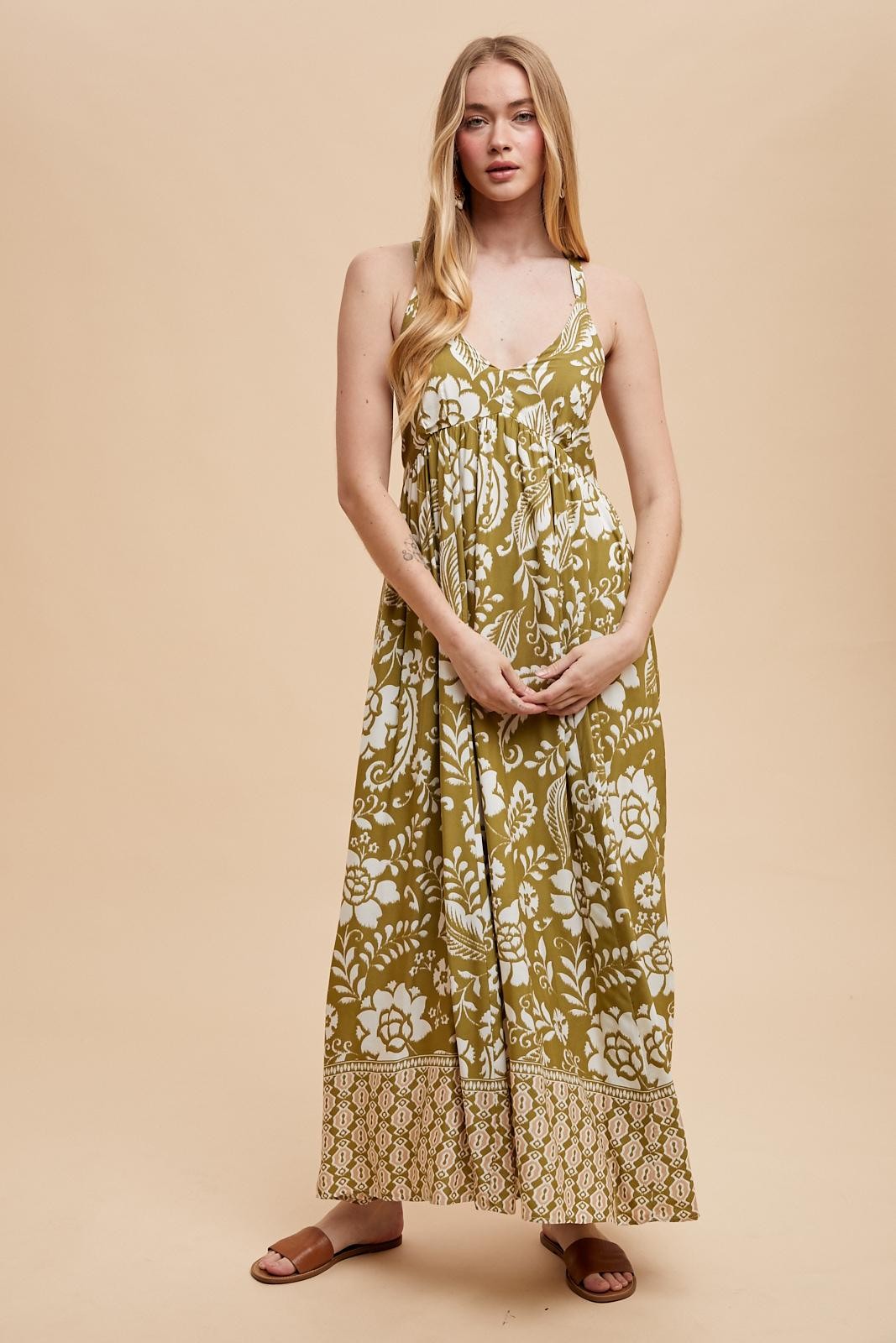 Olive Floral Crisscross Back Cutout Maxi Dress