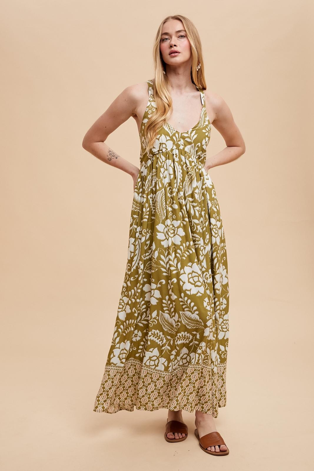 Olive Floral Crisscross Back Cutout Maxi Dress