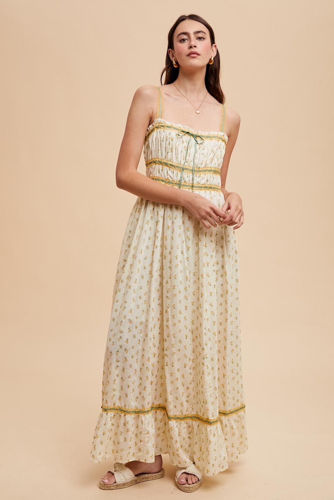 Yellow Floral Ribbon Detail Sleeveless Maxi Dress