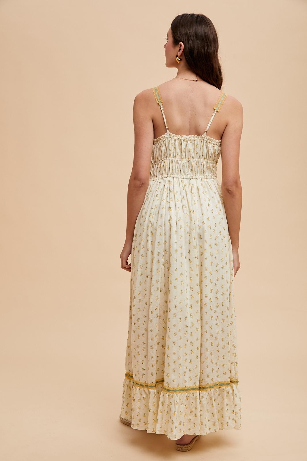 Yellow Floral Ribbon Detail Sleeveless Maxi Dress