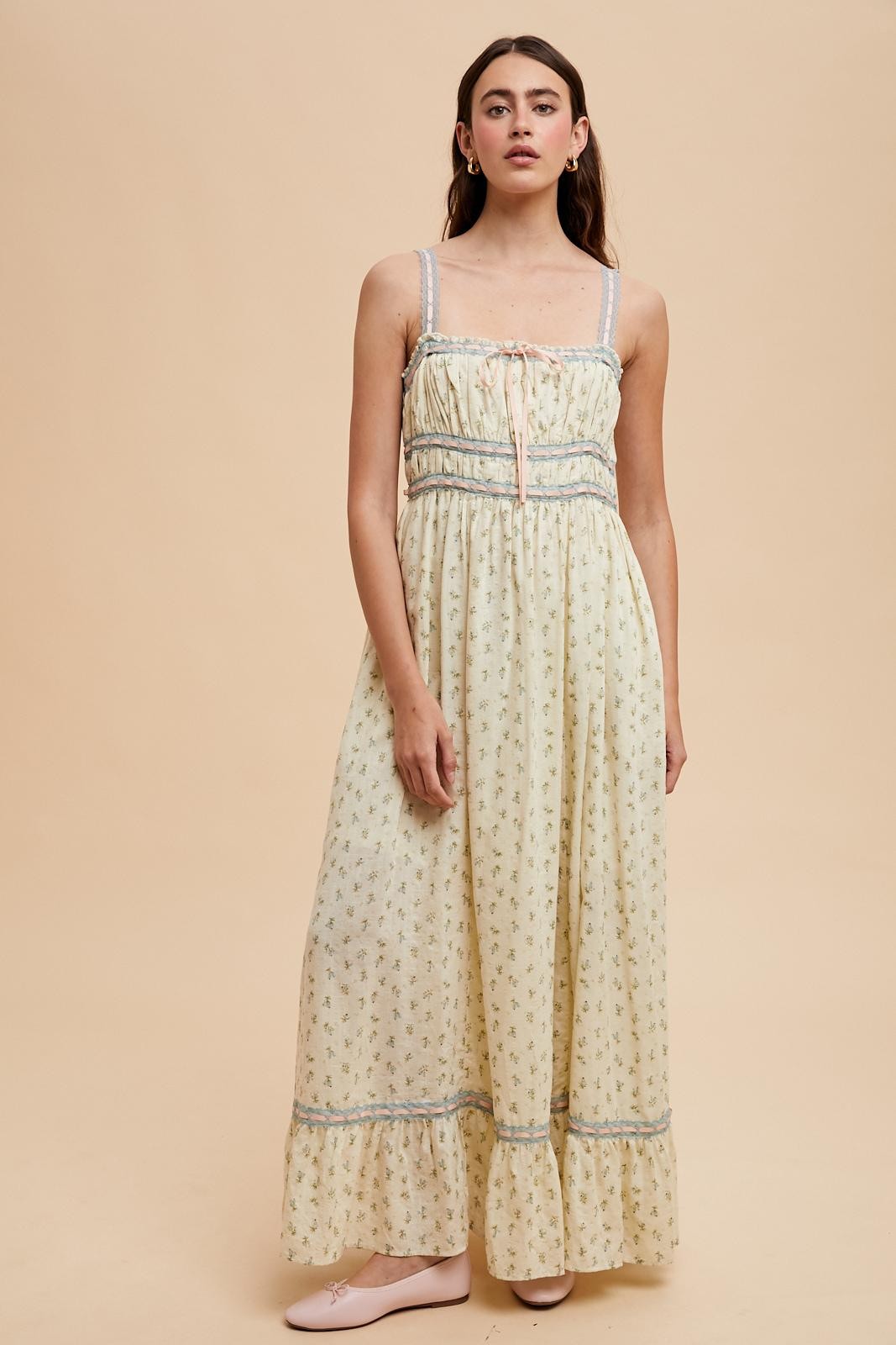 Blue Floral Ribbon Detail Sleeveless Maxi Dress