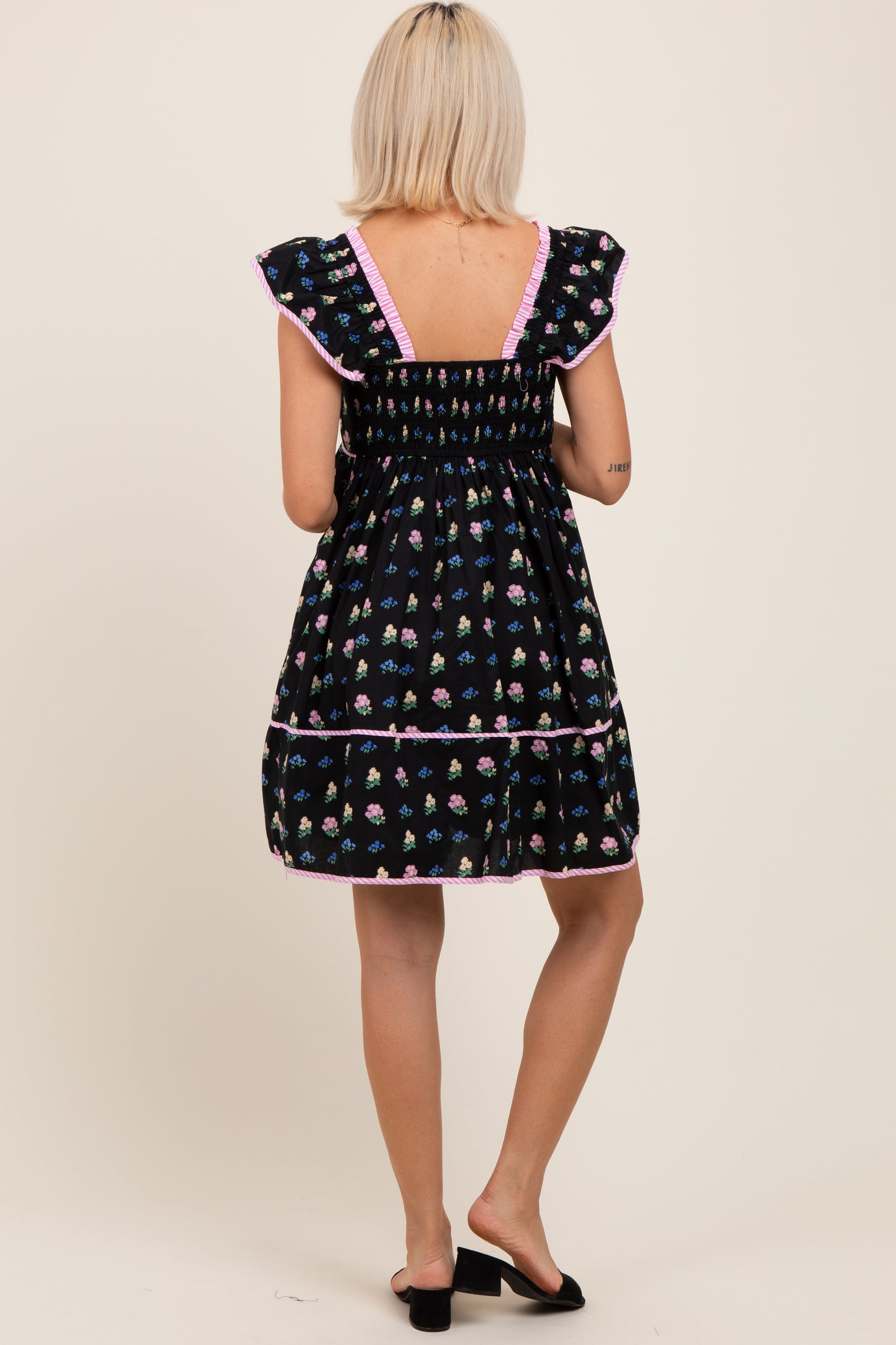 Black Floral Ruffle Strap Maternity Mini Dress
