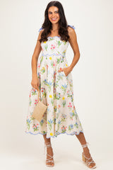 Cream Floral Shoulder Tie Scallop Trim Midi Dress