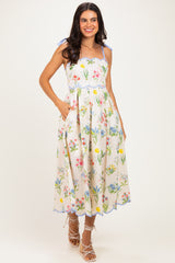 Cream Floral Shoulder Tie Scallop Trim Midi Dress