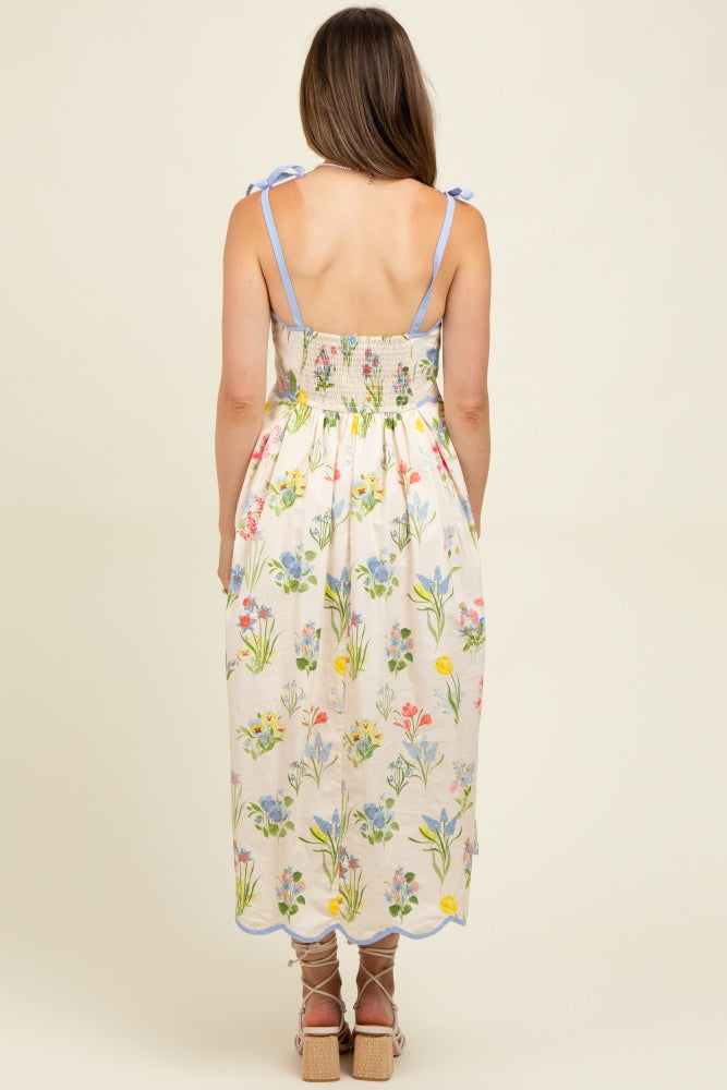 Cream Floral Shoulder Tie Scallop Trim Maternity Midi Dress