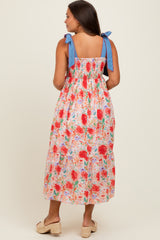 Red Floral Contrast Shoulder Tie Maternity Midi Dress