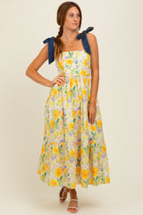 Yellow Floral Contrast Shoulder Tie Midi Dress