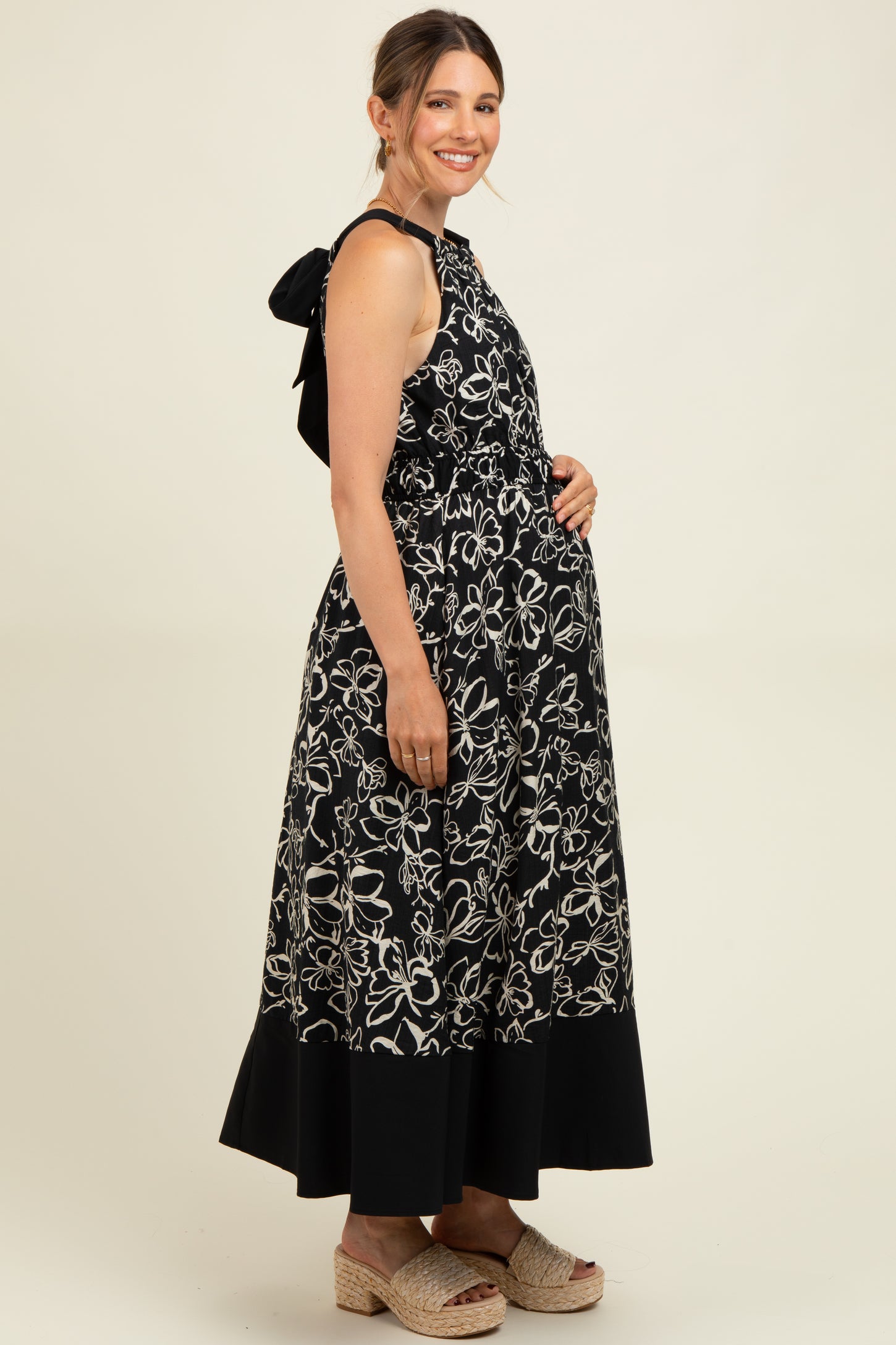 Black Floral Bow Tie Sleeveless Maternity Midi Dress