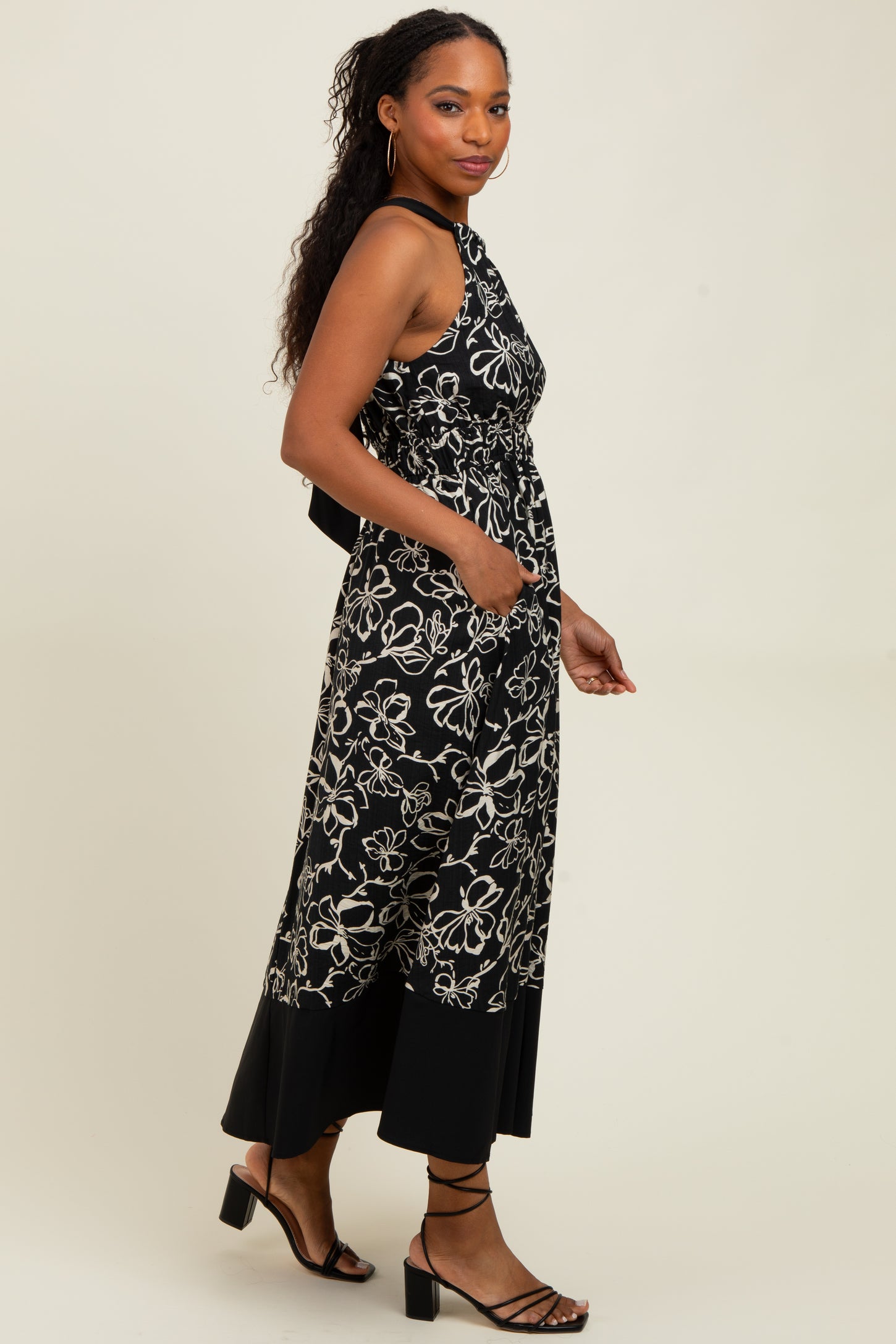 Black Floral Bow Tie Sleeveless Midi Dress