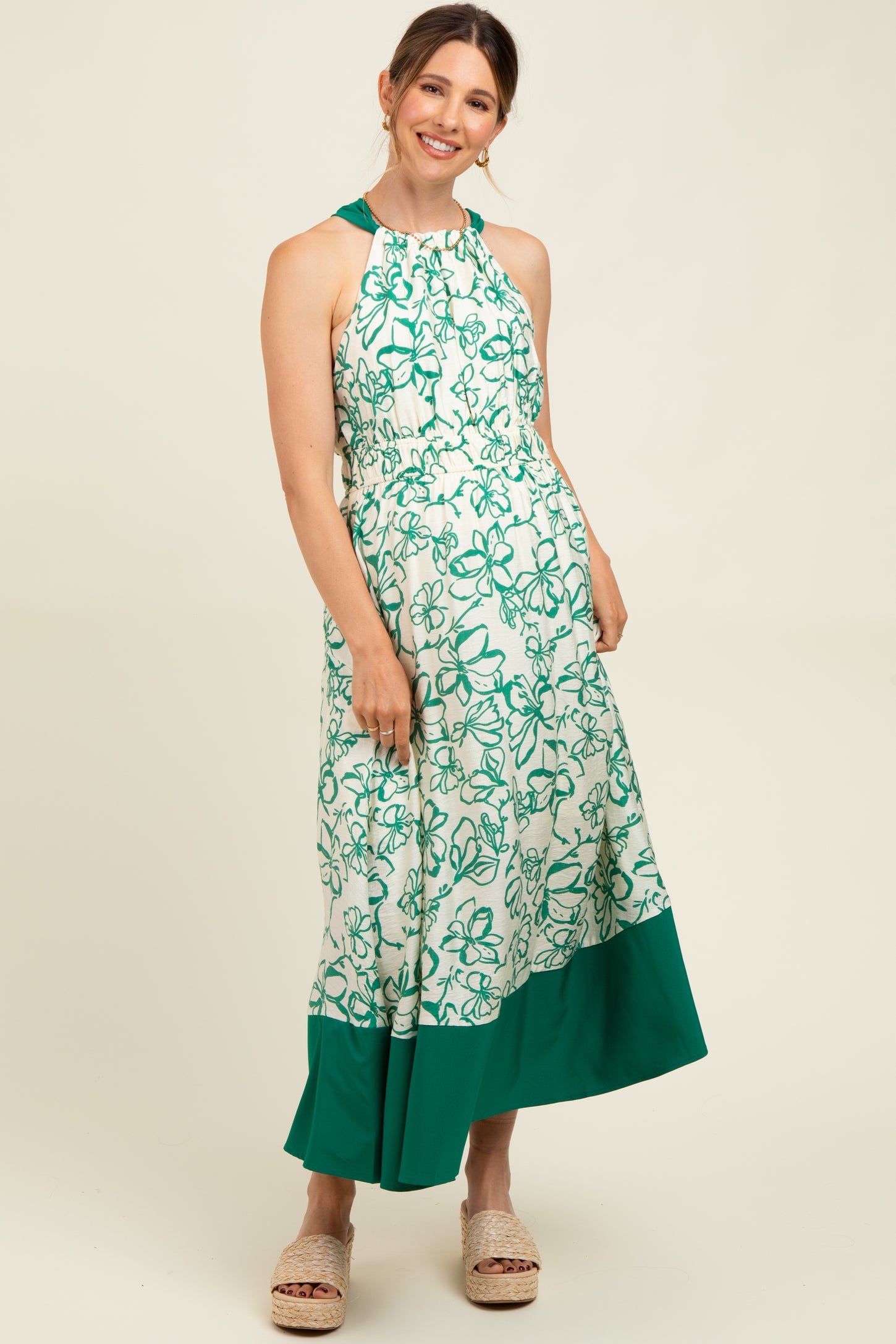 Green Floral Bow Tie Sleeveless Maternity Midi Dress