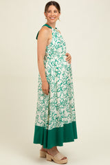 Green Floral Bow Tie Sleeveless Maternity Midi Dress