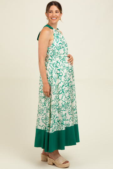 Green Floral Bow Tie Sleeveless Maternity Midi Dress