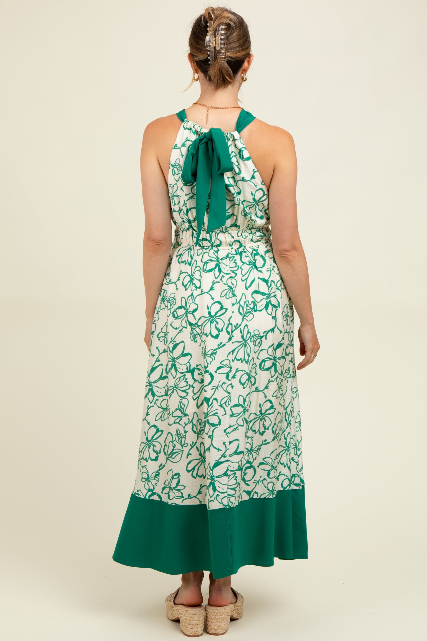 Green Floral Bow Tie Sleeveless Maternity Midi Dress