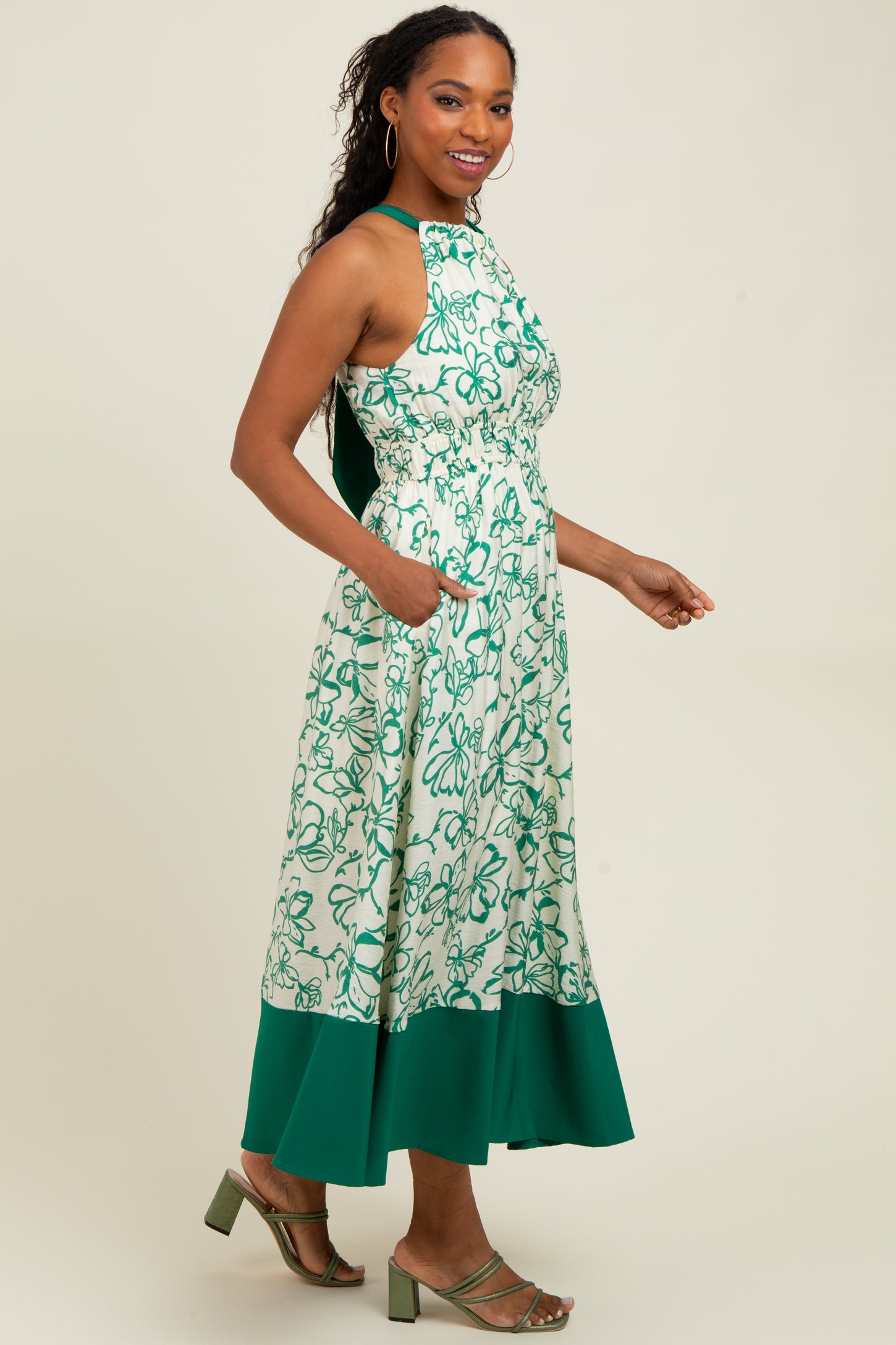 Green Floral Bow Tie Sleeveless Midi Dress