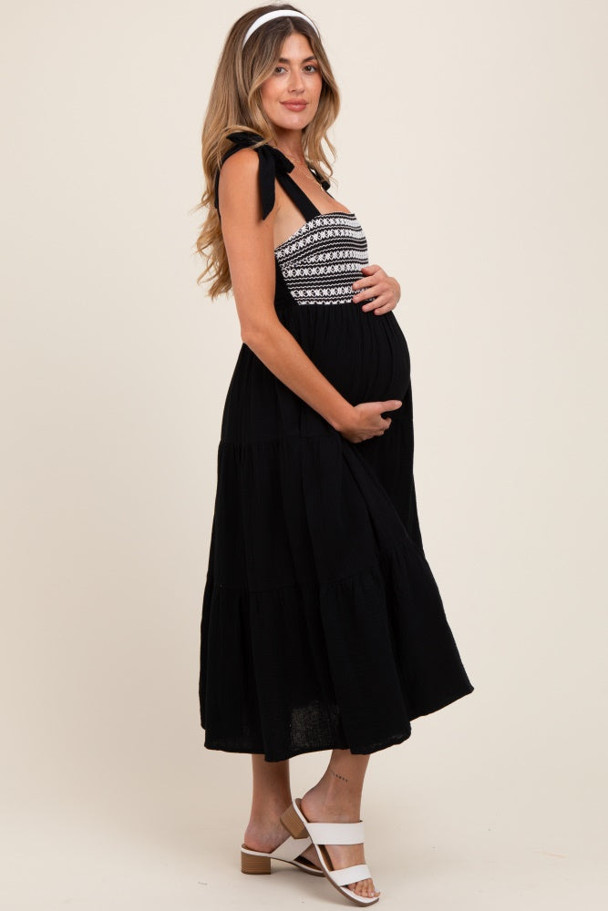 Black Crochet Bodice Shoulder Tie Tiered Maternity Midi Dress
