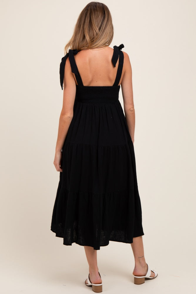 Black Crochet Bodice Shoulder Tie Tiered Maternity Midi Dress