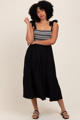 Black Crochet Bodice Shoulder Tie Tiered Midi Dress