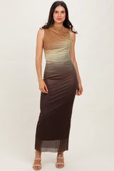 Brown Ombre Mesh Ruched Sleeveless Midi Dress