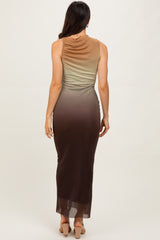 Brown Ombre Mesh Ruched Sleeveless Midi Dress