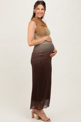 Brown Ombre Mesh Ruched Sleeveless Maternity Midi Dress