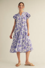 Lavender Floral Ruffle Sleeve Tiered Midi Dress