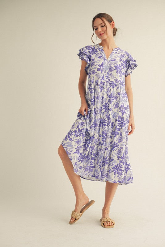 Lavender Floral Ruffle Sleeve Tiered Midi Dress
