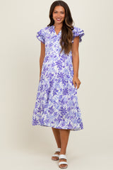 Lavender Floral Ruffle Sleeve Tiered Maternity Midi Dress