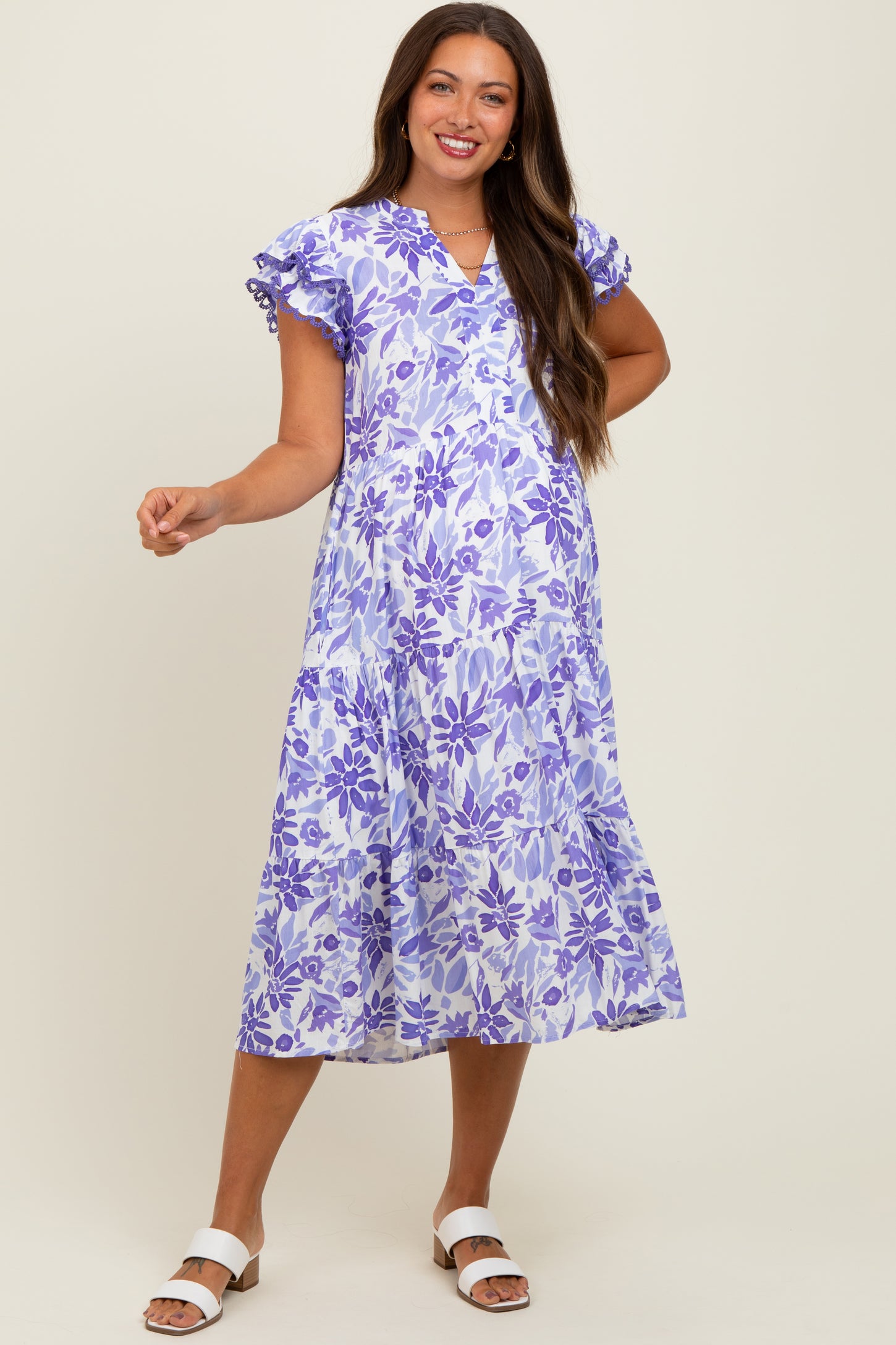 Lavender Floral Ruffle Sleeve Tiered Maternity Midi Dress