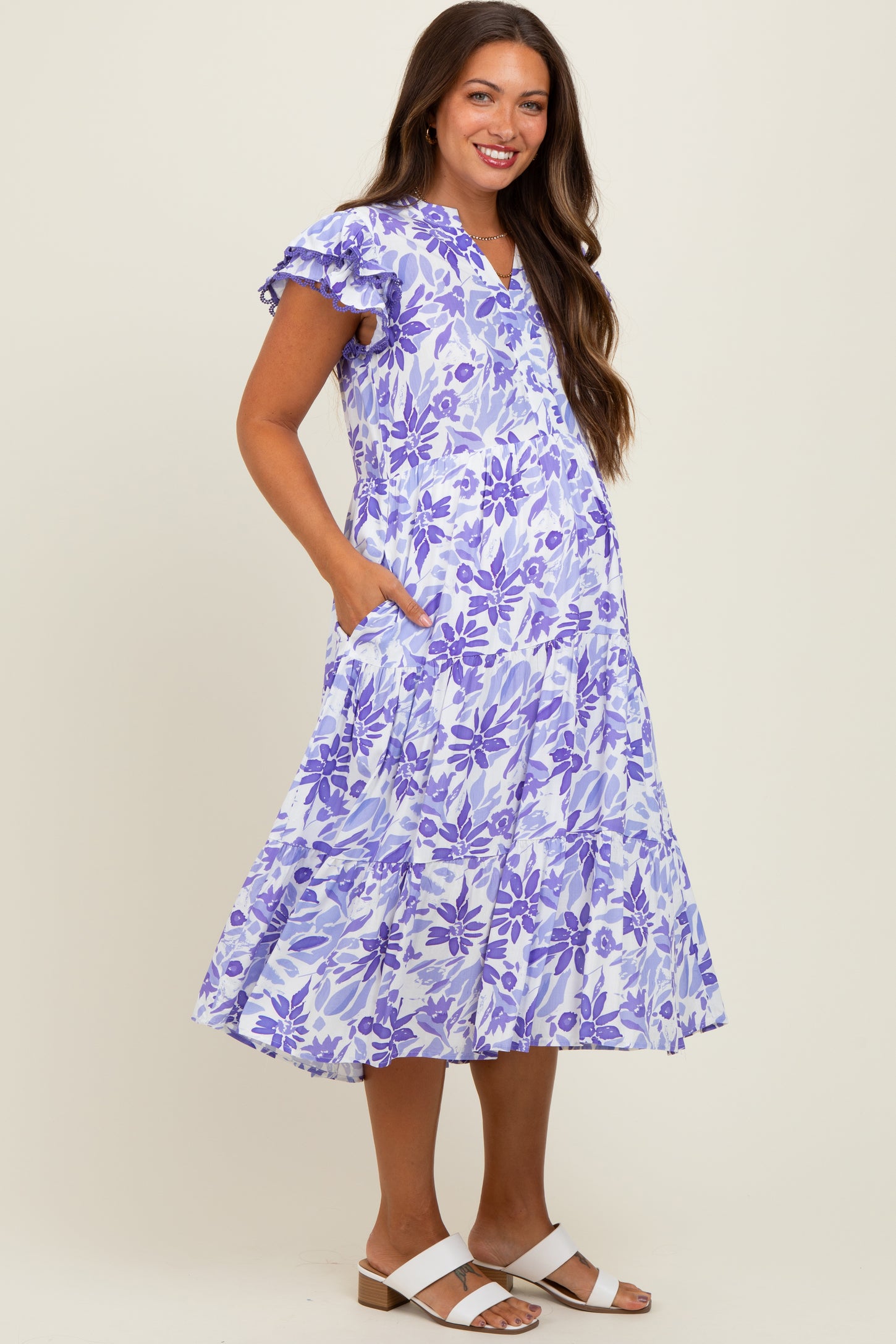 Lavender Floral Ruffle Sleeve Tiered Maternity Midi Dress
