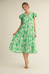 Green Floral Ruffle Sleeve Tiered Midi Dress