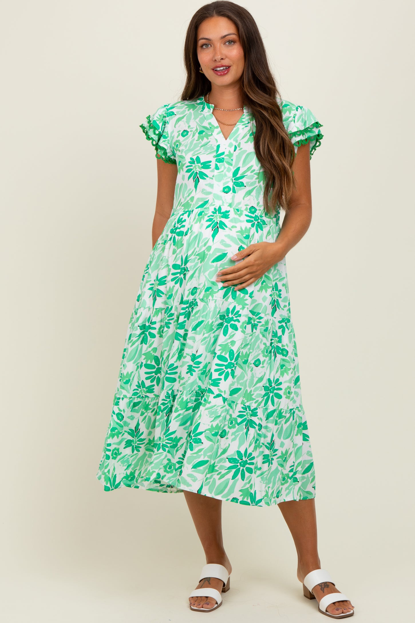 Green Floral Ruffle Sleeve Tiered Maternity Midi Dress