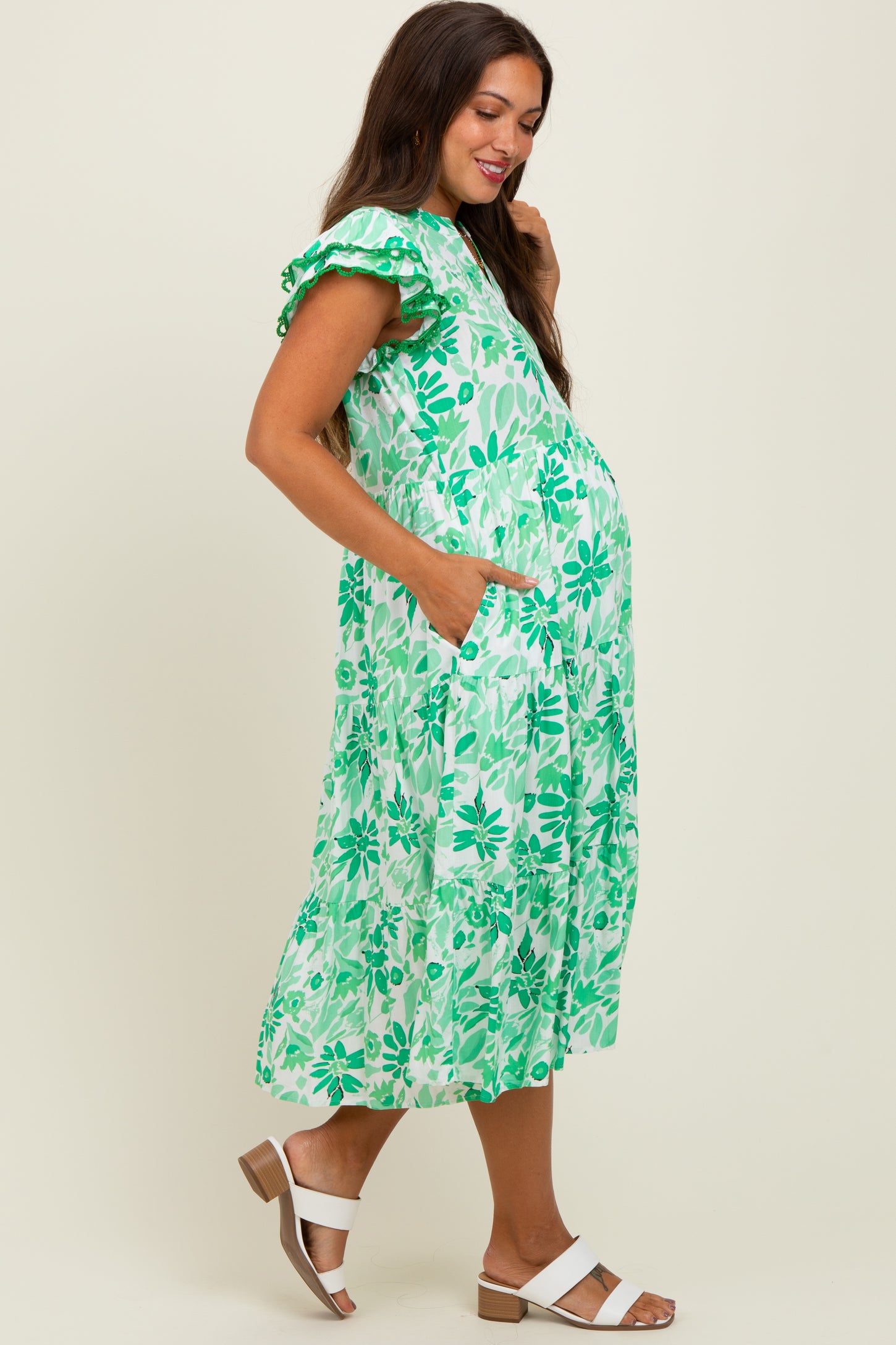 Green Floral Ruffle Sleeve Tiered Maternity Midi Dress