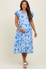 Blue Floral Ruffle Sleeve Tiered Maternity Midi Dress