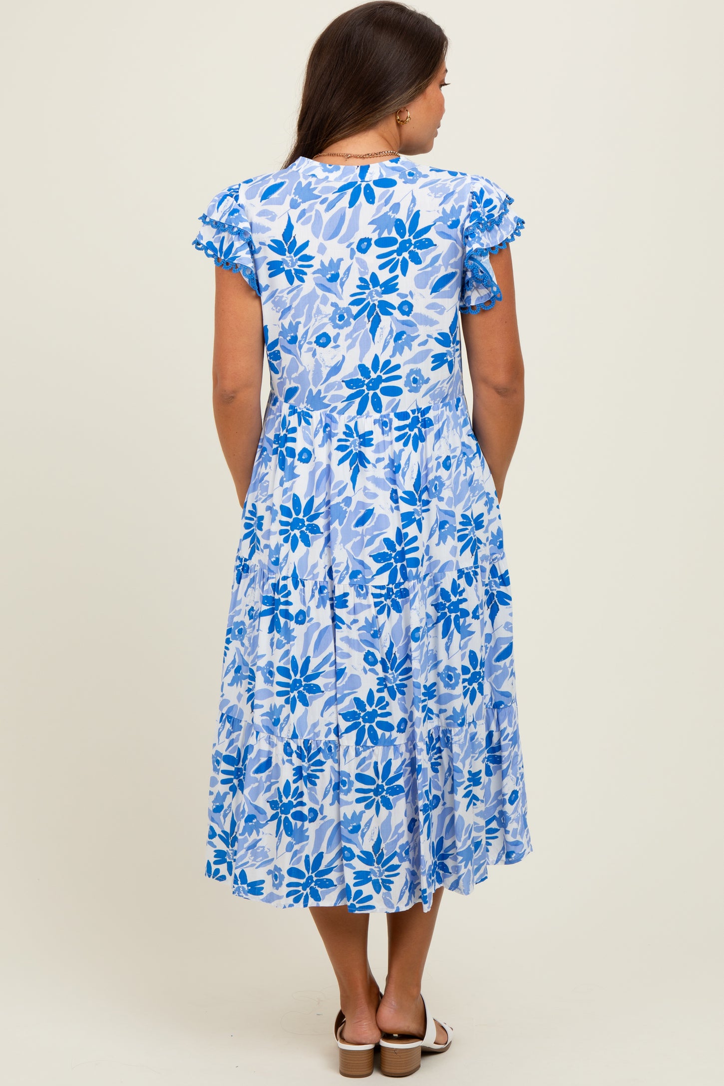 Blue Floral Ruffle Sleeve Tiered Maternity Midi Dress