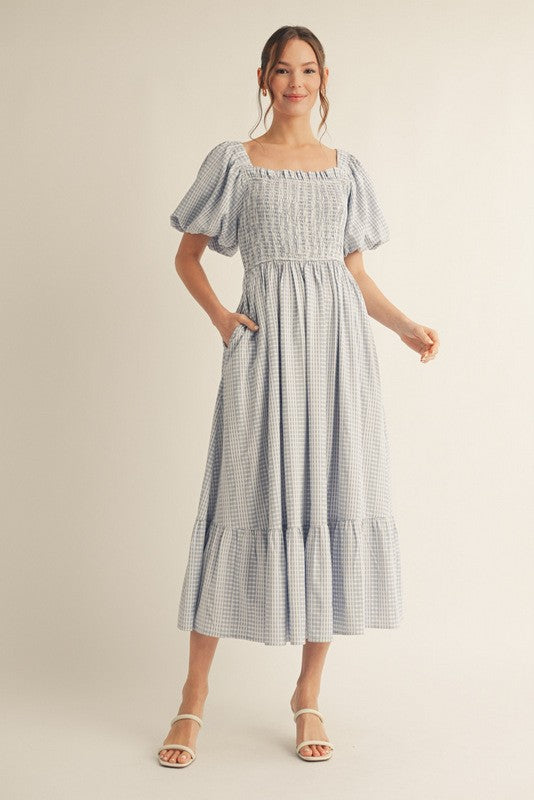 Light Blue Gingham Smocked Puff Sleeve Maternity Midi Dress
